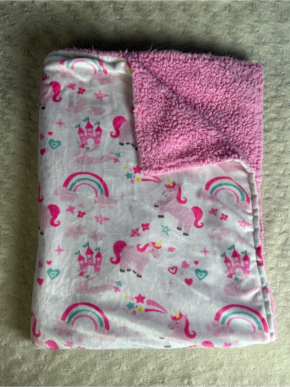 Le Bebe Favorite Pink Unicorn Rainbow Baby Blanket Sherpa White Castle Stars